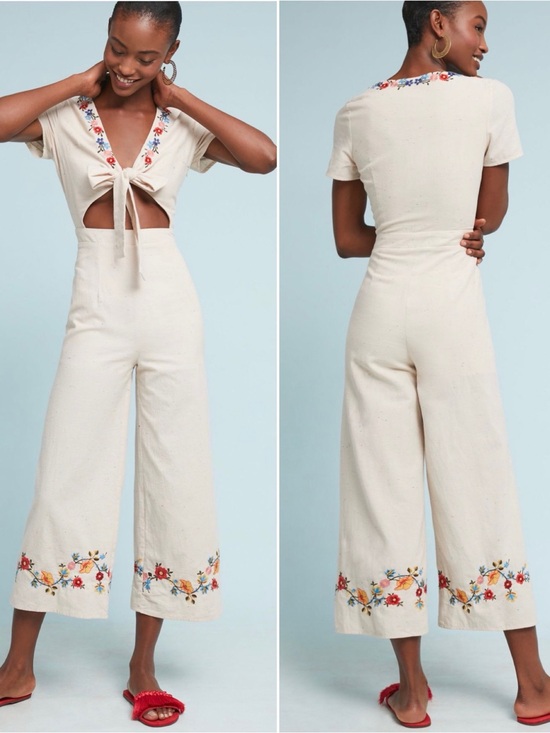 Anthropologie Pants - Anthropologie JOA Embroidered Tie Front Jumpsuit Large Beige Floral Wide Leg